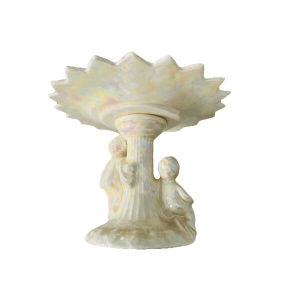 Vintage Soap Dish Iridescent Pearl White 2 Children Glazed Pedestal Holder - Picture 10 of 11